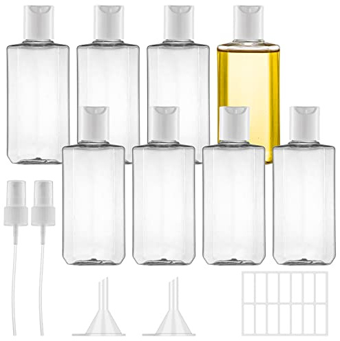 Ysimple 8 Pièces Transparent Flacon Voyage,Flacon Vide Voyage 100ml,Kit Voyages Avion avec 2 Têtes de Pulvérisation,2 Entonnoirs,1 Autocollant D'étiquette,pour Cosmétiques,Lotion,Shampoing