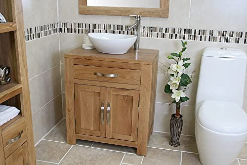 Wooden Bathroom Vanity with Sink - Natural Oak Bathroom Sink Cabinet Wash Basin with Oak Top - Single Vanity Unit with Chromed Mixer Tap - Oval Bowl (502CBC)