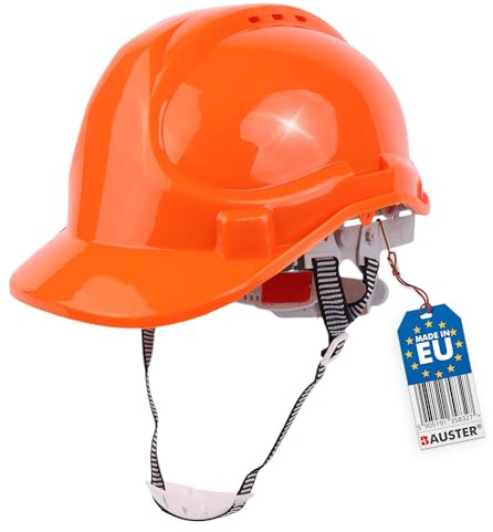 BAUSTER® Bauhelm Orange | Schutzhelm für Erwachsene aus HDPE | Sicherheitshelm für Baustelle, Höhenarbeiten & Renovierung | Verstellbarer Arbeitshelm mit 6-Punkt-Innenausstattung & CE-Zertifizierung