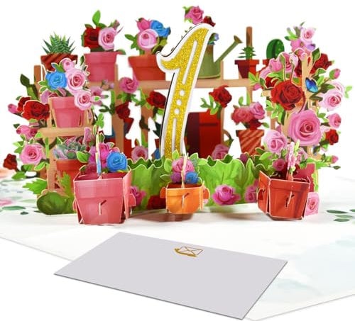 3D Pop-Up Karte 1. Hochzeitstag oder 1. Geburtstag – Elegante Rosenkarte für Jubiläum, Hochzeitsfeier, Geburtstagsfeier, für Partner, Ehepaar, Baby, Eltern – Blumenkarte mit floralen Akzenten