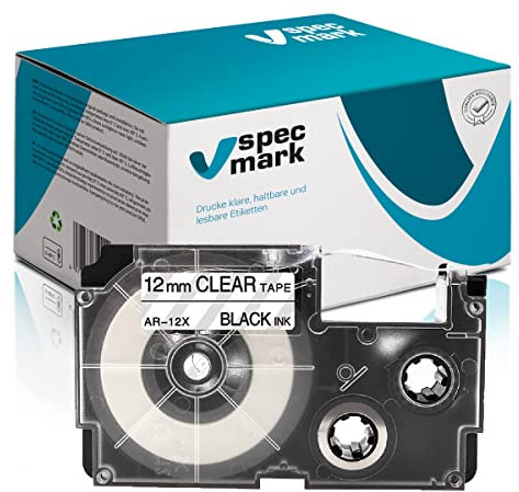 Specmark Schriftband XR-12X Farbbandersatz für Etikettendrucker - Farbe des Bandes Transparent - Druckfarbe Schwarz - Kompatibel mit den Meisten Casio Druckern - Etikettendruckmaschinen - 12mm x 8m