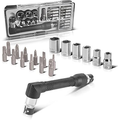 STAHLWERK 19-teiliges Winkelschraubendreher-Bit-Set 1/4 Zoll mit Bits und Stecknüssen aus Chrom-Vanadium, beidseitig verwendbar, L-Form Schraubendreher | Schraubenzieher | Steckschlüssel Set