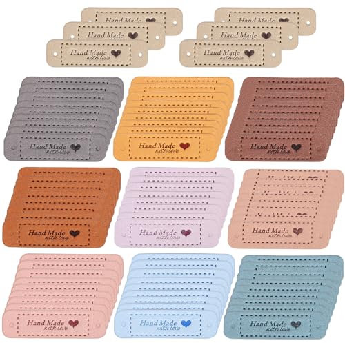 FAVOMOTO 60PCS Handmade Label Handgefertigte Lederetiketten Etikett Wildleder mit Löchern PU Handmade Labels Zum Annähen Tags Handgemacht Etiketten Nähen Leder Etiketten