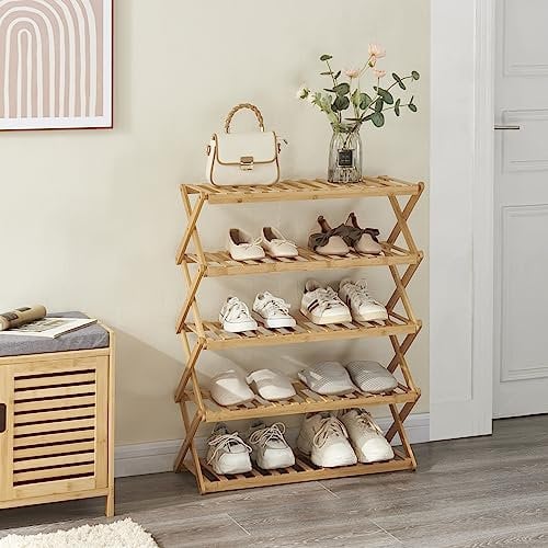 [en.casa] Étagère à Chaussures à 5 Niveaux Range-Chaussures Pliable pour Entrée Chambre Dressing Meuble de Rangement pour 10 Paires Porte-Chaussures en Bambou 89 x 67 x 26 cm Naturel