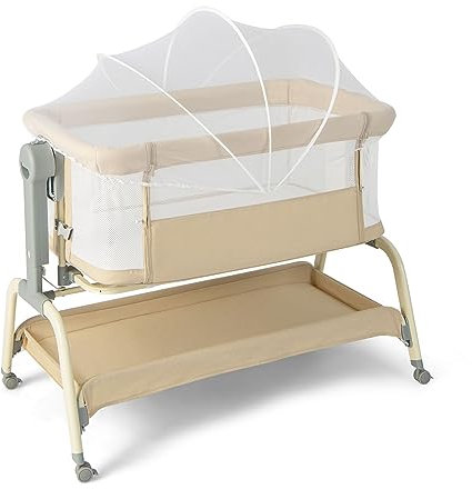 LIFEZEAL Babybett mit Moskitonetz, Baby Beistellbett mit Matratze & Rollen, Reisebett 6 Höhenverstellungen, Tragbares Babywiege für Baby 0-6 Monate, Stubenwagen mit Aufbewahrungskorb (Beige)