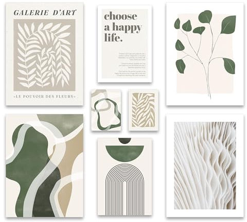 ARTFAVES® Poster Set - GREEN MID CENTURY - mehrteilige Wanddeko Wohnzimmer & Schlafzimmer - 8 moderne Wandbilder Abstrakte Formen, grün, beige - ohne Bilderrahmen