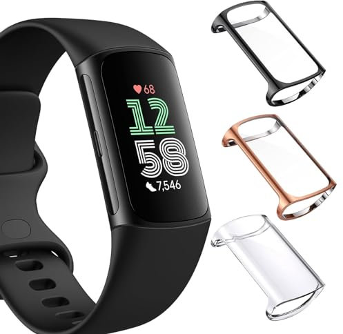 KZIOACSH Case with Screen Protector for Fitbit Charge 6, 3 Pack Full Coverage Ultra Slim Shockproof Cover Soft TPU Lightweight Anti-Scratch Bumper Case with Tempered Glass, Clear+Black+Gold
