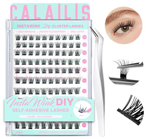 CALAILIS 100 pestañas autoadhesivas impresas en rollos d sin pegamento pregel de pestañas individuales se puede reutilizar con traje de pestañas sin pegamento, con pinza (03,10-16)