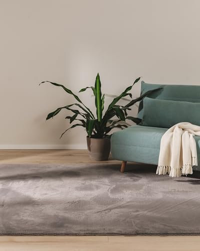 benuta Basic Kunstfaser Fellteppich Furry - Grau 200x290 cm - Weicher Wohnzimmerteppich - Anti-Rutsch-Rückseite - Waschbar - Für Fußbodenheizung geeignet