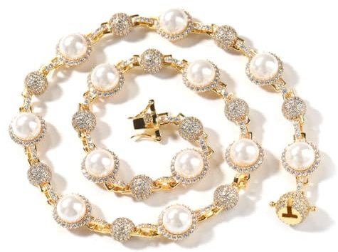 ZqlDDayUP Perlenkette Iced Out Kugelkette Halskette 18K Gold plattiert Cubic Zirkon Perlenkette Choker 8.5mm Runde Perlen Halskette Cuban Link Chain Halskette Hip Hop Schmuck für Männer Frauen