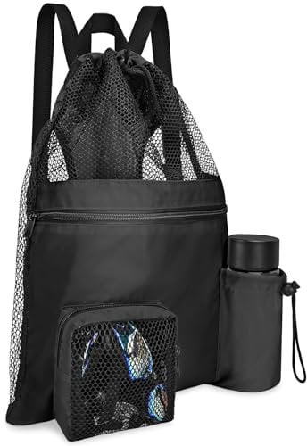 Mooludy Swimming Bag Mesh, Zaino Spiaggia Donna, Borsa da Nuoto in Rete da 20L Impermeabile, Zaino Spiaggia con Separazione a Secco e Bagnato per Bambini, Borsa da Palestra per Sport,Spiaggia, Nero
