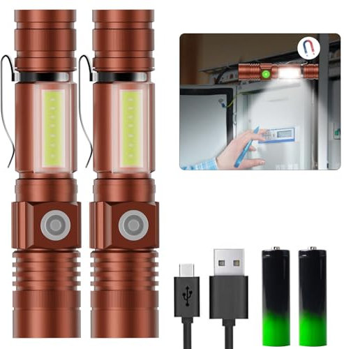 Karrong Taschenlampe LED Aufladbar mit Magnet COB Seitenlicht Zoombar, Extrem Hell 3000 Lumen USB Taschenlampen Batteriebetrieben Wasserdicht, 4 Modi für Outdoor Wandern Camping Notfall,Braun