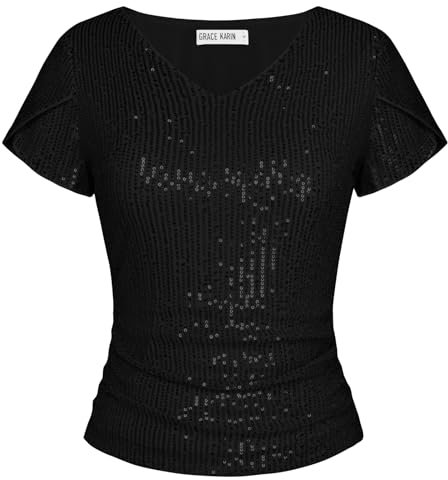 GRACE KARIN Pailletten Shirts Top für Frauen Glitzer Kurzarm Solid V-Ausschnitt Top Festival Party Club Shirts Schwarz-Pailletten S