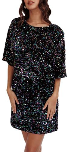 WERNZATT-Damen Paillettenkleid Lose Glitzer Rundhalsausschnitt Kurzarm geteilt Rücken Party Club Mini T Shirt Kleider (Schwarz, XL)