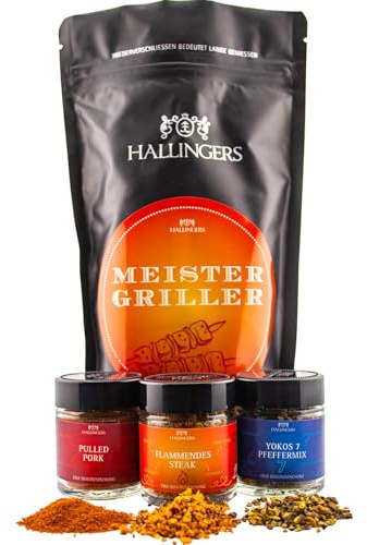 Hallingers Genuss Manufaktur Feinkost Geschenk-Set - wertig in der Wundertüte Meistergriller kleines Grillparty Mitbringsel Pulled Pork, Steakgewürz & Pfeffer, Geschenkidee für Männer Freund