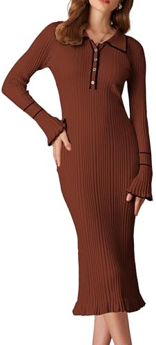 GRACE KARIN Dressy V Neck Dress for Women Casual Long Sleeve Maxi Length Jumper Dress Fashion A Line Party Dress Caramel M