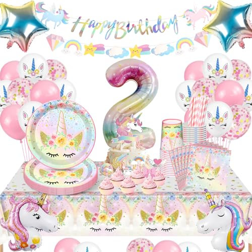 YIMAKJ Licorne Enfant Anniversaire DéCo, Licorne Anniversaire Vaisselle Pour 2 Ans Fille, 2 Ans Fille Anniversaire DéCo, Licorne Assiettes En Carton, Tasses, Pour La Anniversaire DéCo(16 InvitéS)