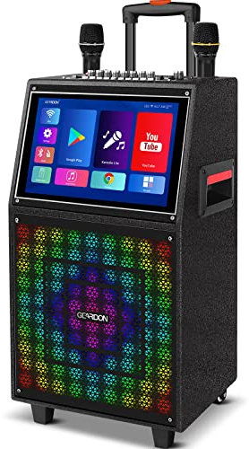 GEARDON Máquina de karaoke con pantalla de letras para adultos, tableta de 15 pulgadas, altavoz Bluetooth con 2 micrófonos UHF recargables, potencia máxima de 1000 W, luces de DJ, sistema de karaoke