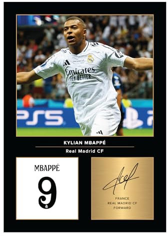 Icons Wall Art Kylian Mbappe Real Madrid signiertes Foto, A4, Geschenk für Real Madrid-Fans, digital reproduziert, Unterschrift, ungerahmt