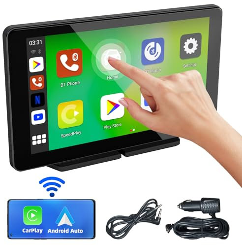 7 Pulgadas Pantalla Coche, Portátil Carplay Coche con A-pple Carplay y Android Auto, Car Play Inalámbrico para A-pple Coche con GPS, Control de Voz, Mirror Link, Bluetooth, FM para Todos Los Vehículos