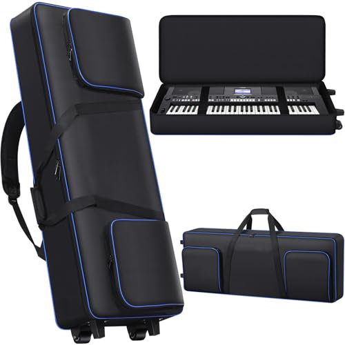 61 Key Keyboard Case with Wheels (Size: 40.5 * 16.5 * 5.5) | 61 Key Keyboard Carry Case Soft Padded Rolling Bag with 3 Pockets | 61 Key Keyboard Roller Case with Wheels for 61 Key Keyboard, Black