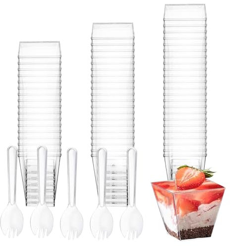 50 Pz 160 ML Coppette Gelato, Ciotoline Monoporzione, Tazze da Dessert Trasparenti, Bicchierini Finger Food Plastica Riutilizzabili, Ciotoline per Aperitivo Dessert Mousse, con 50 Cucchiai Plastica