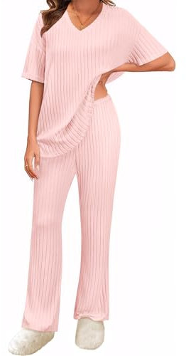 Niwicee Pyjama Femme Ete Ensembles de Pyjama Manche Courte Haut et Longues Pantalon à Taille Élastique Loungewear Vêtements de Nuit Femme 2 Pièces(Rose,L)