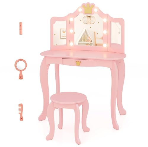 COSTWAY Kinder Schminktisch mit Beleuchtung, Frisiertisch Mädchen mit dreifach klappbarem Spiegel & Schublade, Kosmetiktisch aus Holz mit Hocker, Kinderschminktisch Set für Kinder ab 3 Jahren (Rosa)