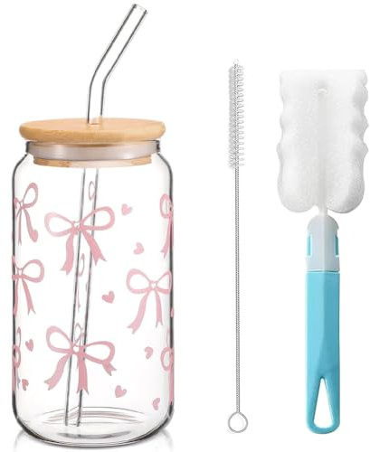 NIEEKRUN Glas Trinkbecher mit Deckel und Strohhalm, 16 oz Trinkgläser Bubble Tea Becher Iced Coffee Glas, Rosa Schleife Glasbecher Bow Glasbecher Vielseitiges Trinkglas für Kaffee, Cocktails und Mehr