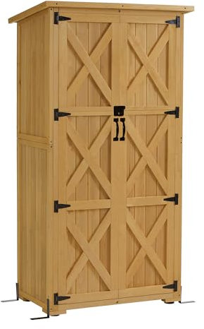 M MCombo Holz Gartenschrank, Outdoor Gerätehaus Geräteschuppen, Gartenhaus Klein Wetterfest, für Außenbereich Balkon Terrasse, 55×90×169cm, 0878 (Natur)