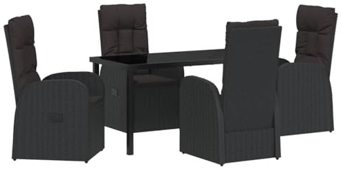 vidaXL Garden Dining Set with Cushion 5 pcs Black Poly rattan, Garden and Terrace, Modern Outdoor Furniture Set, Reclining Mechanism, Durable Seating, Poly Rattan Lounge for Relaxation