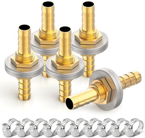 ERGAOBOY 5Pcs Brass 10mm Hose Barb Bulkhead Straight Union Fitting | Through wall mounting, threaded partition lock, secure barb friction ridges, suitable for panel pipeline ports
