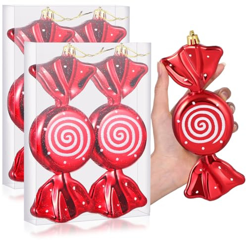 Aoriher 4 Stück 19,3 cm Große Weihnachtskugeln Süßigkeiten Anhänger Glitzernde Bonbon Christbaumanhänger Große Süßigkeiten Weihnachtsdeko mit Goldenen Seilen für Weihnachtsbaum(Rot)