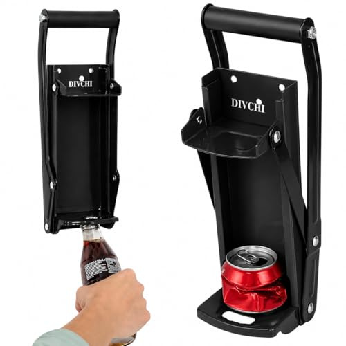 DIVCHI Can Crushers 2-in-1 Heavy Duty – Wall Mounted 16oz/500ml Beer & Soda Can Crusher with Built-in Bottle Opener, Bend-Resistant Steel, Non-Slip Grip Handle, Easy Install – Black