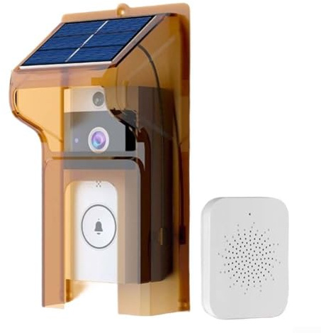 Homeponnew Solar Wireless Video Doorbell with Waterproof Cover, Night-Vision and Two Way Intercom 2.4G WiFi Outdoor Security Camera 90 Degree View Brown(With doorbell)