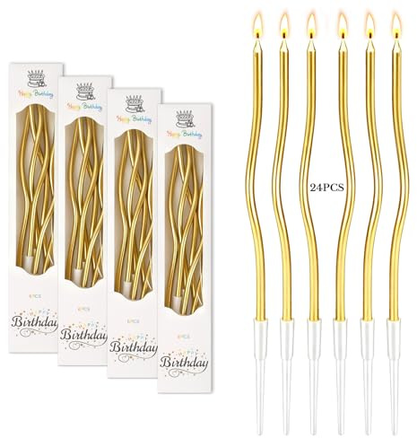 24 Stück Gold Geburtstagskerzen, Lange Spiral Kerzen Geburtstag mit Halter - Elegante Gebogen Tortenkerzen für Geburtstag, Hochzeit, Party Deko, Baby Shower, Weihnachten