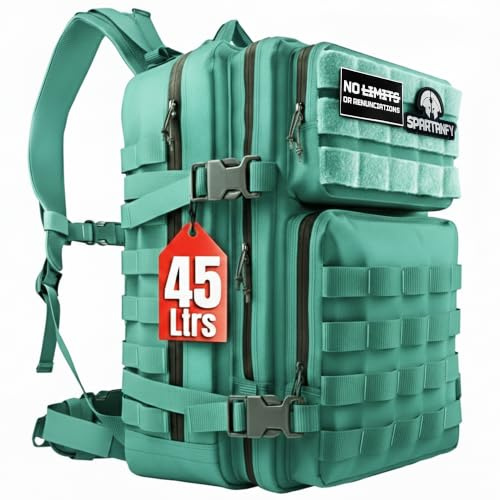 SPARTANFY | Mochila Crossfit Hombre 45L | Mochila Táctica Militar Impermeable para Gimnasio, Senderismo, Viaje, Montañismo | Mochila Grande Resistente con Sistema MOLLE (45L MINT BLUE)