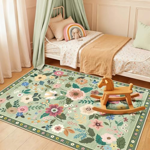 DEFYNEE Teppich Wohnzimmer 90x150cm Hellgrün, Blumen Waschbare Teppiche | Boho Vintage Blumenmuster Wohnzimmerteppich, Waschbarer & Rutschfester Kurzflor Weich für Wohnzimmer, Schlafzimmer, Esszimmer
