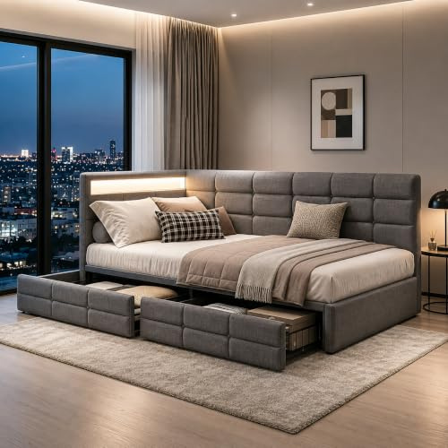 Julyue Polsterbett 90x200, Schlafsofa mit 2 Schubladen & LED, Grau | Links/rechts montierbare L-Seitenlehne; tagsüber Sitzplatz, nachts Einzelbett; mit USB-A/USB-C & Lattenrost; für kleine Räume