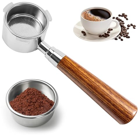 Porte-filtre sans fond de 51 mm avec 3 oreilles pour expresso Bottomless Porta, compatible avec DeLonghi Dedica EC680/EC685/EC885, panier filtrant en acier inoxydable et poignée en bois rouge