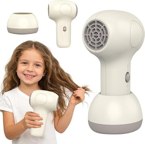 RNPKZ Kids Hair Dryer, Cordless Baby Hair Dryer, Hair Dryer Travel with Charging Dock, Hairdryers for Kids, Low Noise, Rechargeable, Portable Mini Baby Blow Dryer for Home, Camping, Travel (White)
