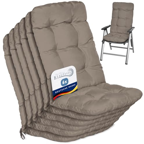 Beautissu 6er Set Hochlehner Auflagen Sitzpolster für Gartenstühle | 120x50x8cm Taupe Gartenstuhlauflage für Gartenstuhl Stuhlkissen Rückenlehne hoch Polster Kissen Flair HL