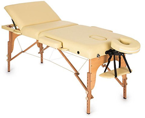 Klarfit MT 500 Massageliege - Massagetisch mit Armlehnen & Kopfstütze, Massageliege Klappbar mit 10-stufiger Rückenlehne, verstellbare Fußstützen, Gesichtsloch, 10 cm Polsterung, Creme