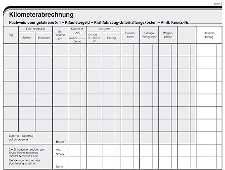 Formular zur Erfassung von Reisekosten und gefahrenen Kilometern, VE 1 Block