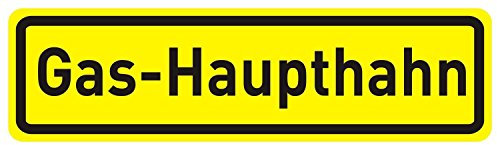 Gas-Haupthahn Aufkleber I 20 x 6 cm I Hinweis-Sticker gelb I Vorsicht Angabe für Gas-Haupthahn I außenklebend auf Fensterscheiben Türen I hin041