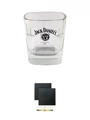 Jack Daniels No. 7 Glas mit Eichstrich 2 und 4 cl 2 Stück + Schiefer Glasuntersetzer eckig ca. 9,5 cm Ø 2 Stück