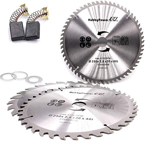3 Kreissägeblätter Sägeblatt Hartmetall für Holz 250 x 30mm 24, 40 und 60 Z Zähne + 3 Reduzierringe auf 24,4mm, 20mm und 16mm + Kohlebürsten für Güde Kapp Radialkappsäge GRK 250/300