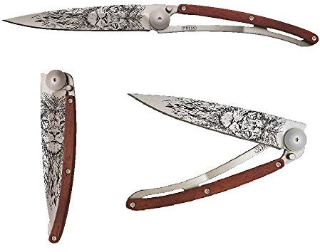 Deejo Leichtgewichtsmesser, TATTOO 37g LION, Stahl Z40C13,, Coralwood, Liner-Lock, Mikrofaser-Etui, Clip, Magnet-Box