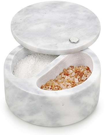 Homiu Salt Cellar Marble 2 Compartment with Swivel Top Storage Salt and Pepper Keeper Cellar Jar