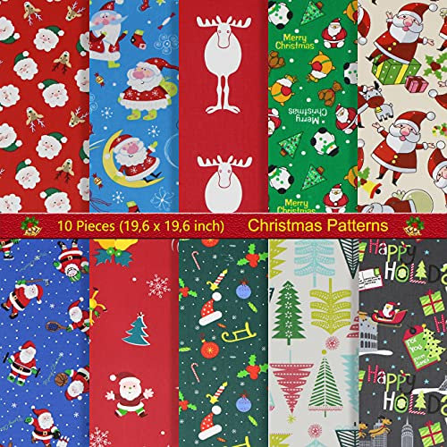 aufodara 10 Stück Baumwollstoff Weihnachten Stoffpakete Patchwork Stoffe Baumwolle, 50x50cm Fabric Stoffe zum Nähen, Patchwork Stoffpaket zum Quilten DIY Basteln Handwerken (Bunt - B)